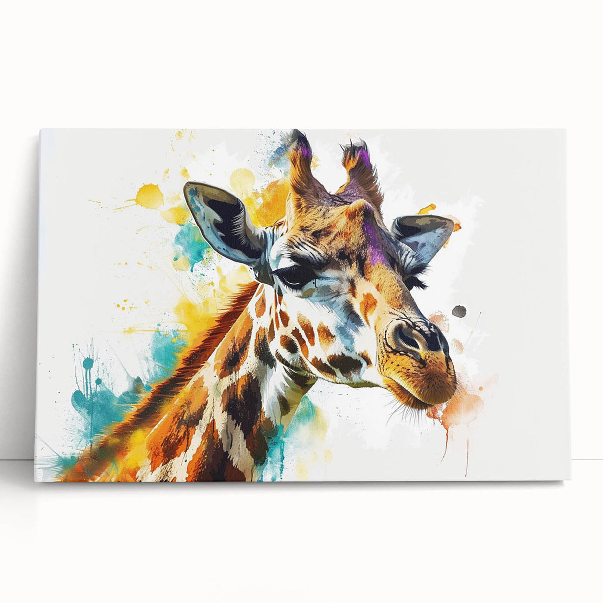 Vibrant giraffe-themed stretched canvas wall art featuring a unique wildlife design, perfect for adding a touch of nature to home decor.