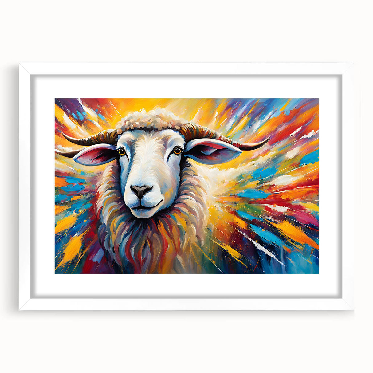 Framed wall art featuring a goat design from the "Animals - A Wild Life" collection, displayed in a white mat and frame, perfect for animal lovers and home decor enthusiasts.