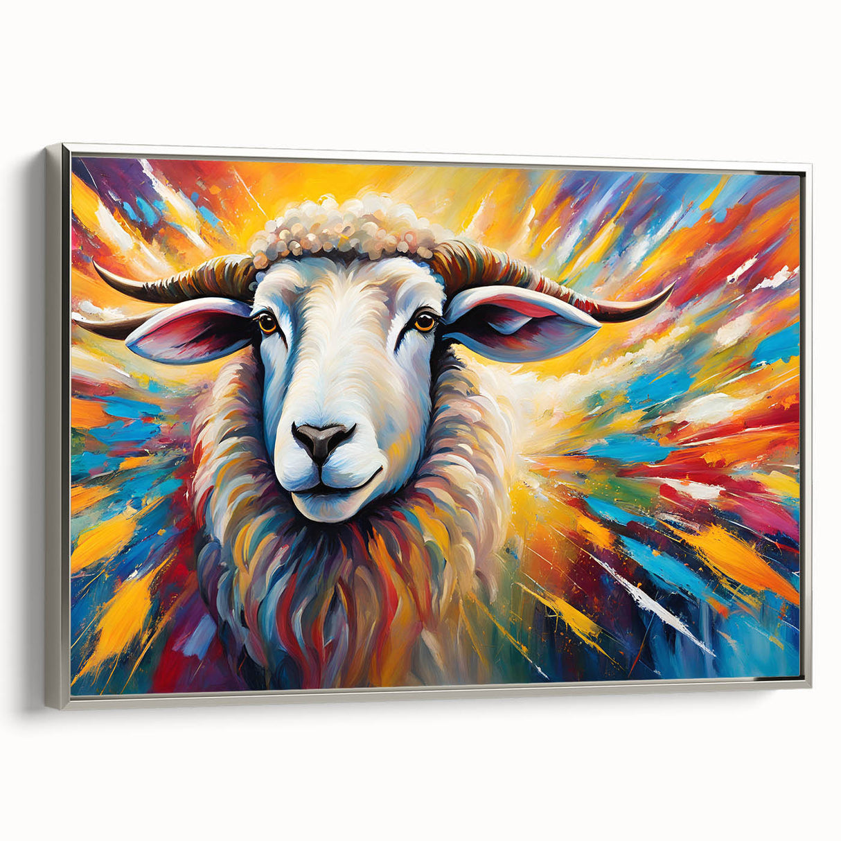 Framed wall art featuring a striking goat design in silver tones, showcasing intricate details and textures against a minimalist background, perfect for animal lovers.