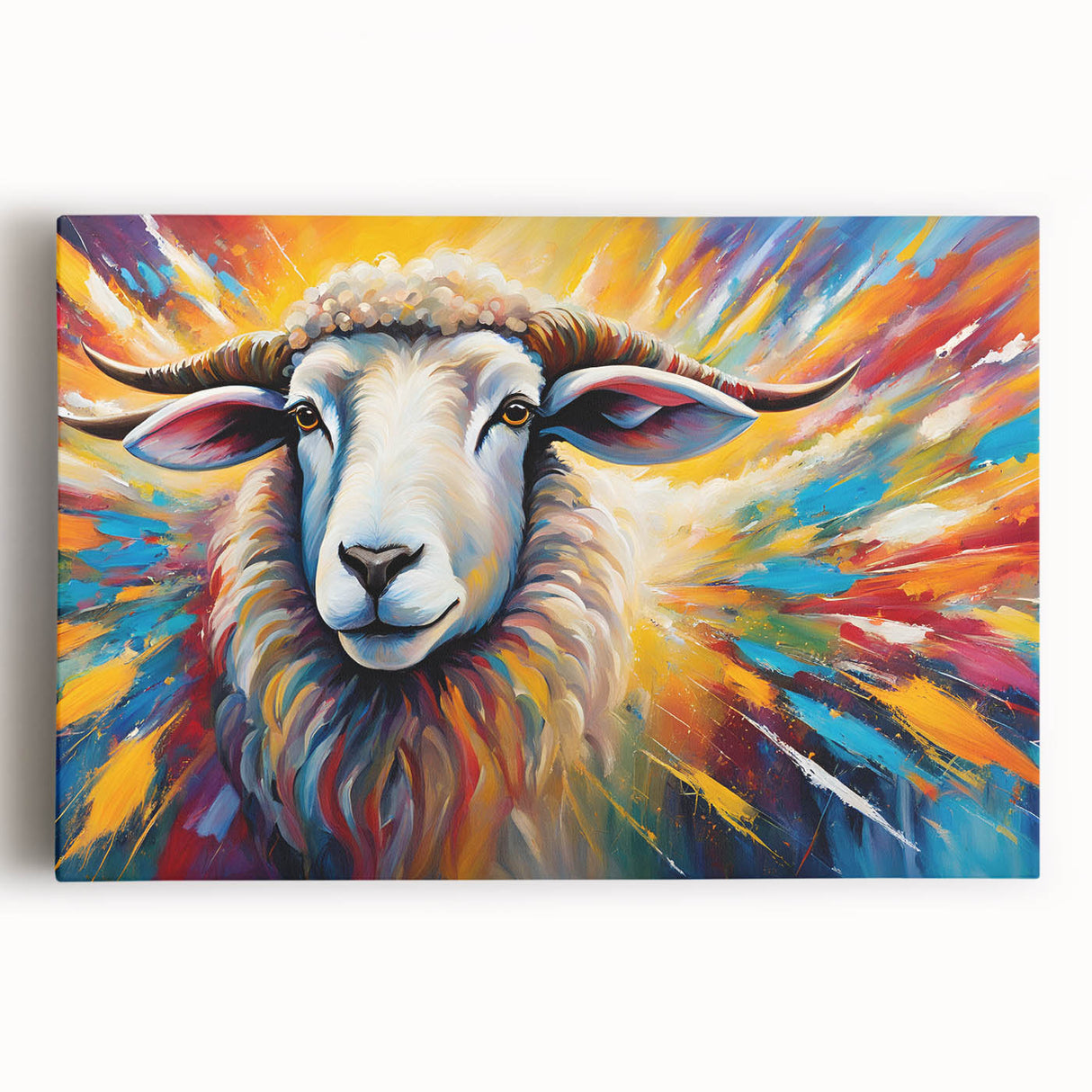 Stretched canvas wall art showcasing a vibrant goat design, highlighting intricate details and rich colors, perfect for animal lovers and home decor enthusiasts.