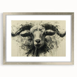 Framed wall art featuring a detailed goat design in silver, set against a clean white mat, perfect for adding a touch of wildlife elegance to any room decor.