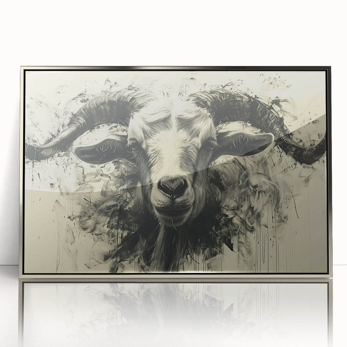 Framed wall art featuring a wild goat design on an acrylic surface, showcasing intricate details in silver tones, ideal for wildlife enthusiasts and home decor.