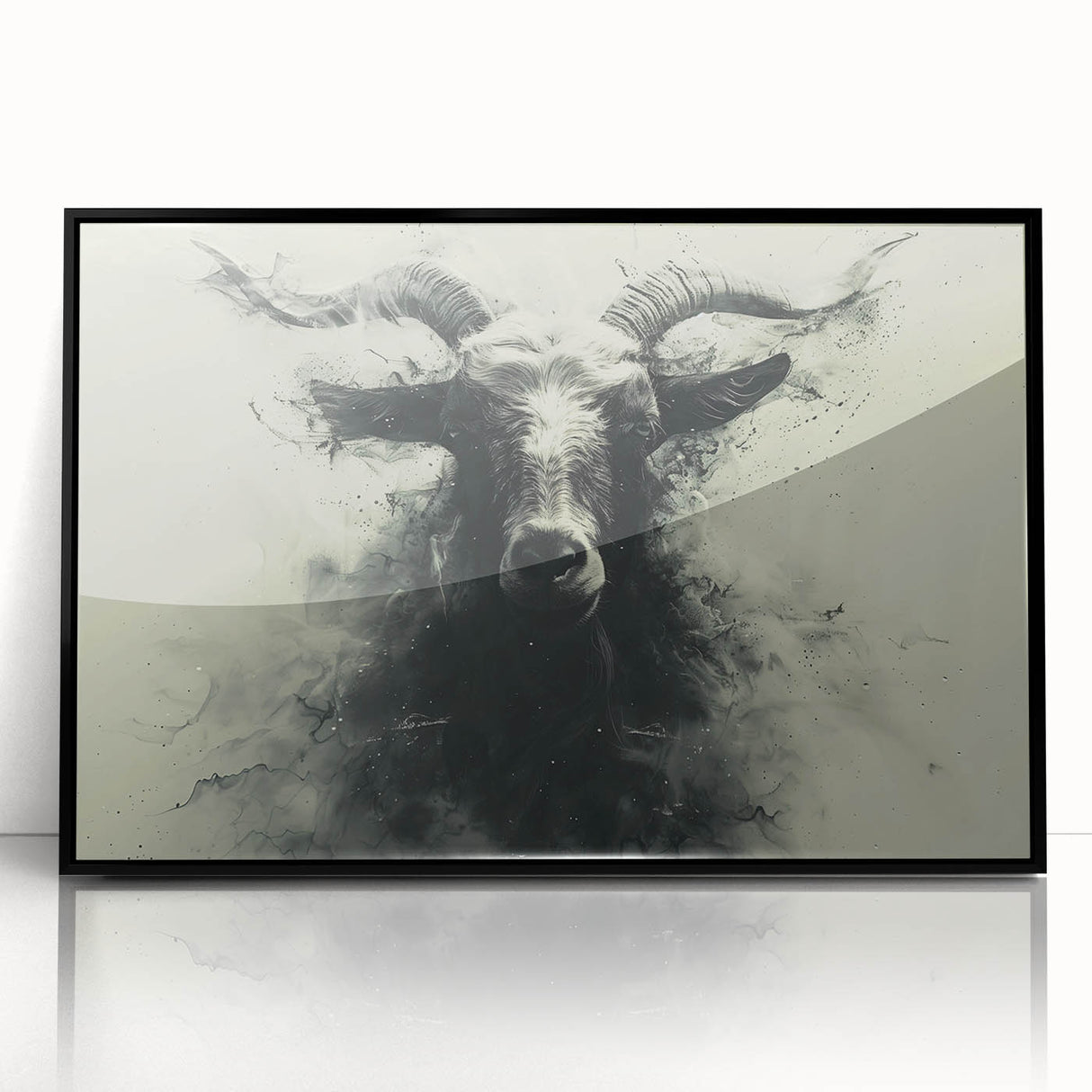 Framed wall art featuring a stylized goat design from the "Animals: A Wild Life" collection, set against a sleek black frame, perfect for modern decor.