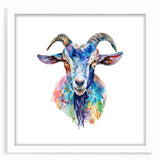 Framed wall art featuring a whimsical goat design from the "Animals - A Wild Life" collection, set against a clean white mat, perfect for animal lovers' decor.