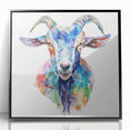 Framed wall art featuring a striking goat design in a black acrylic frame, showcasing vibrant colors and intricate details, perfect for animal lovers and modern decor.