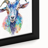 Close-up of a framed canvas wall art featuring a vibrant goat design, showcasing intricate details and textures, perfect for animal lovers and home decor enthusiasts.