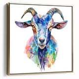 Framed canvas wall art displaying a stylish gold-accented goat design, showcasing intricate details and vibrant colors, perfect for modern home decor. Ideal for animal lovers seeking unique, eye-catching artwork to enhance their living space.