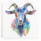 Stretched canvas wall art showcasing a vibrant goat design with intricate details, perfect for animal lovers and home decor enthusiasts. The artwork features bold colors and a modern aesthetic, ideal for enhancing living spaces.