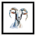 Framed wall art featuring a goat design from the "Animals - A Wild Life" collection, displayed with a black mat, ideal for adding a touch of nature-inspired decor to any room.
