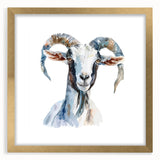 Framed wall art featuring a wild goat design in a gold frame with a mat, showcasing intricate details and vibrant colors, perfect for animal lovers' decor.