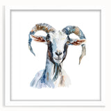 Framed wall art showcasing a striking goat design in a minimalist white frame with a mat, ideal for animal lovers and modern decor enthusiasts. Perfect as a statement piece in living rooms or offices.