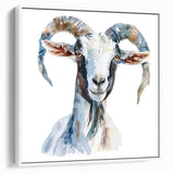 Framed wall art showcasing a whimsical goat design with colorful patterns on a white background, adding a playful touch to home decor. Ideal for animal lovers and modern art enthusiasts.