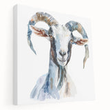 Stretched canvas wall art showcasing a side view of a whimsical goat design, featuring vibrant colors and intricate details, perfect for animal lovers and home decor enthusiasts.