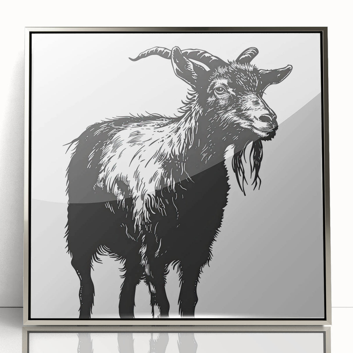 Framed wall art featuring a striking goat design with intricate details, set in a silver frame, perfect for enhancing home decor and showcasing wildlife themes.