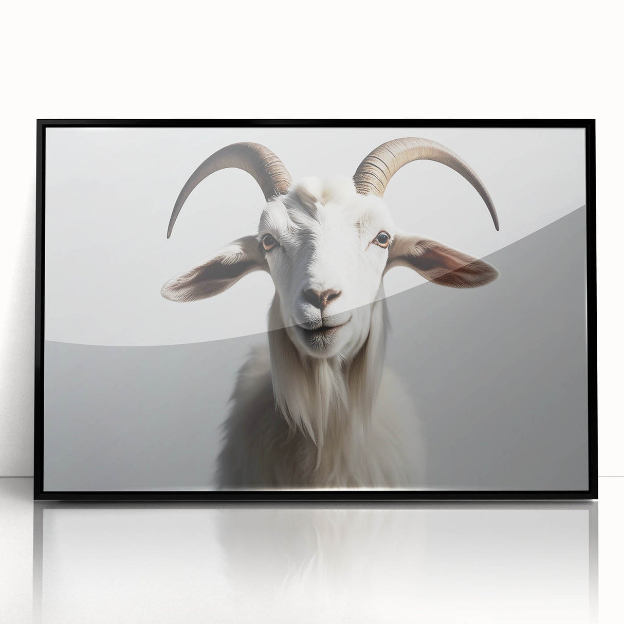 Framed wall art featuring a stylish goat design, showcasing a black acrylic frame and vibrant colors, perfect for enhancing modern decor in any room.