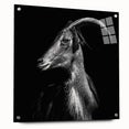 Side view of a goat-themed wall art piece, showcasing vibrant colors and intricate design details, mounted with pins on a clear acrylic glass background. Ideal for animal lovers and home decor enthusiasts.