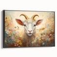 Framed wall art featuring a whimsical goat design from the "Animals: A Wild Life" collection, showcasing vibrant colors on a black background, perfect for animal lovers and modern decor.