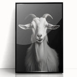 Framed acrylic wall art featuring a striking goat design from the "Animals - A Wild Life" collection, set in a sleek black frame, ideal for modern decor.