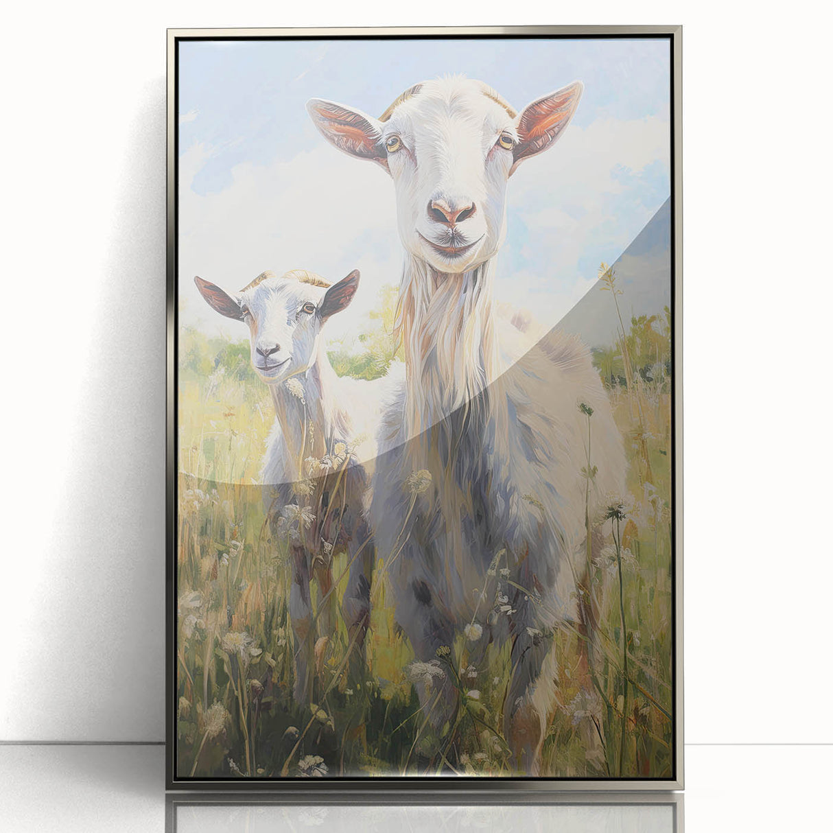 Framed wall art featuring a modern goat design in silver acrylic, showcasing intricate details and vibrant colors, ideal for animal lovers and contemporary decor.