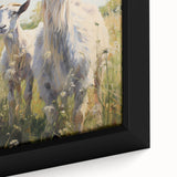 Close-up of a framed canvas wall art featuring a detailed illustration of a goat in a wild landscape, showcasing vibrant colors and intricate textures, perfect for animal lovers.