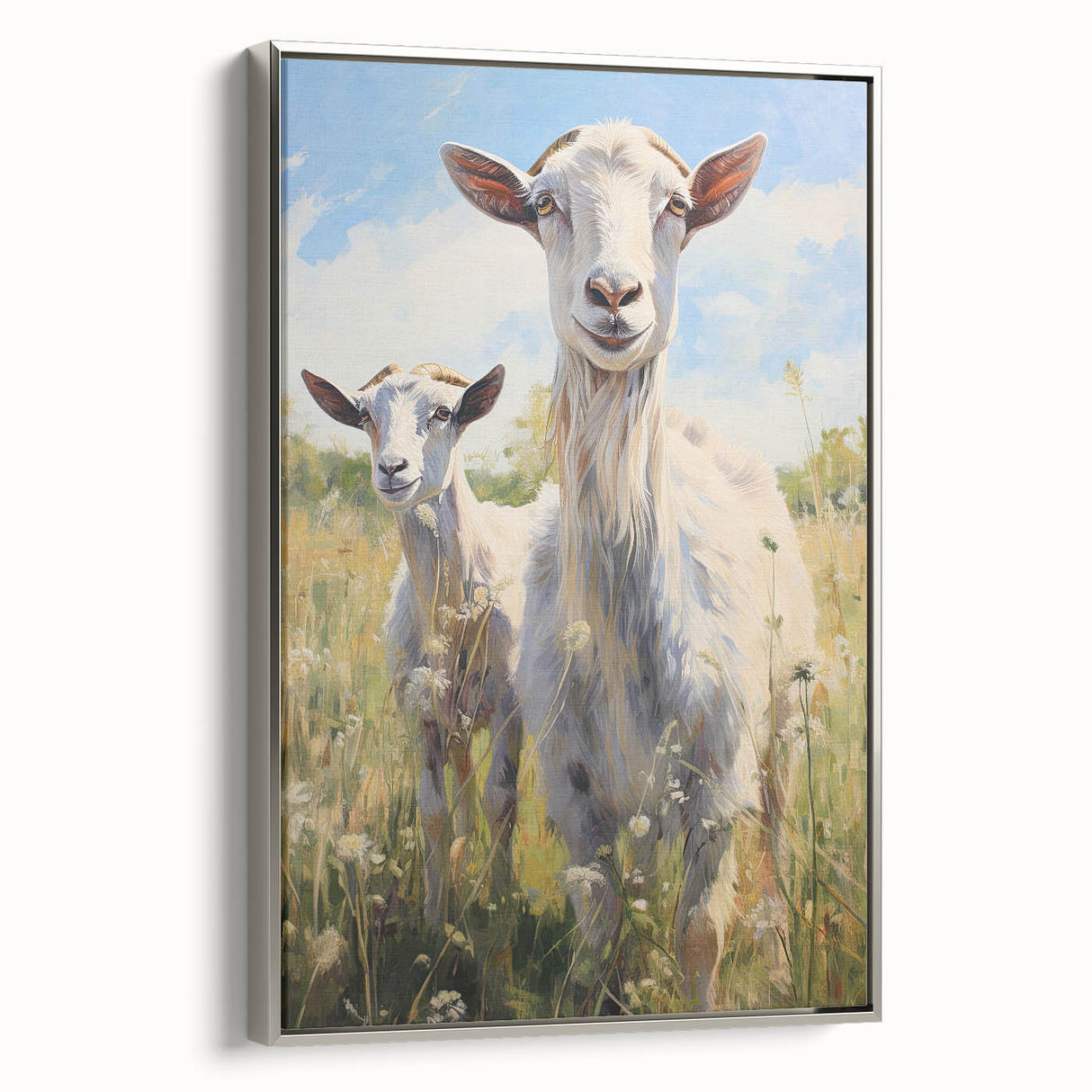 Framed wall art showcasing a unique goat design in a contemporary style, featuring silver accents and a vivid color palette, perfect for animal lovers and home decor enthusiasts.