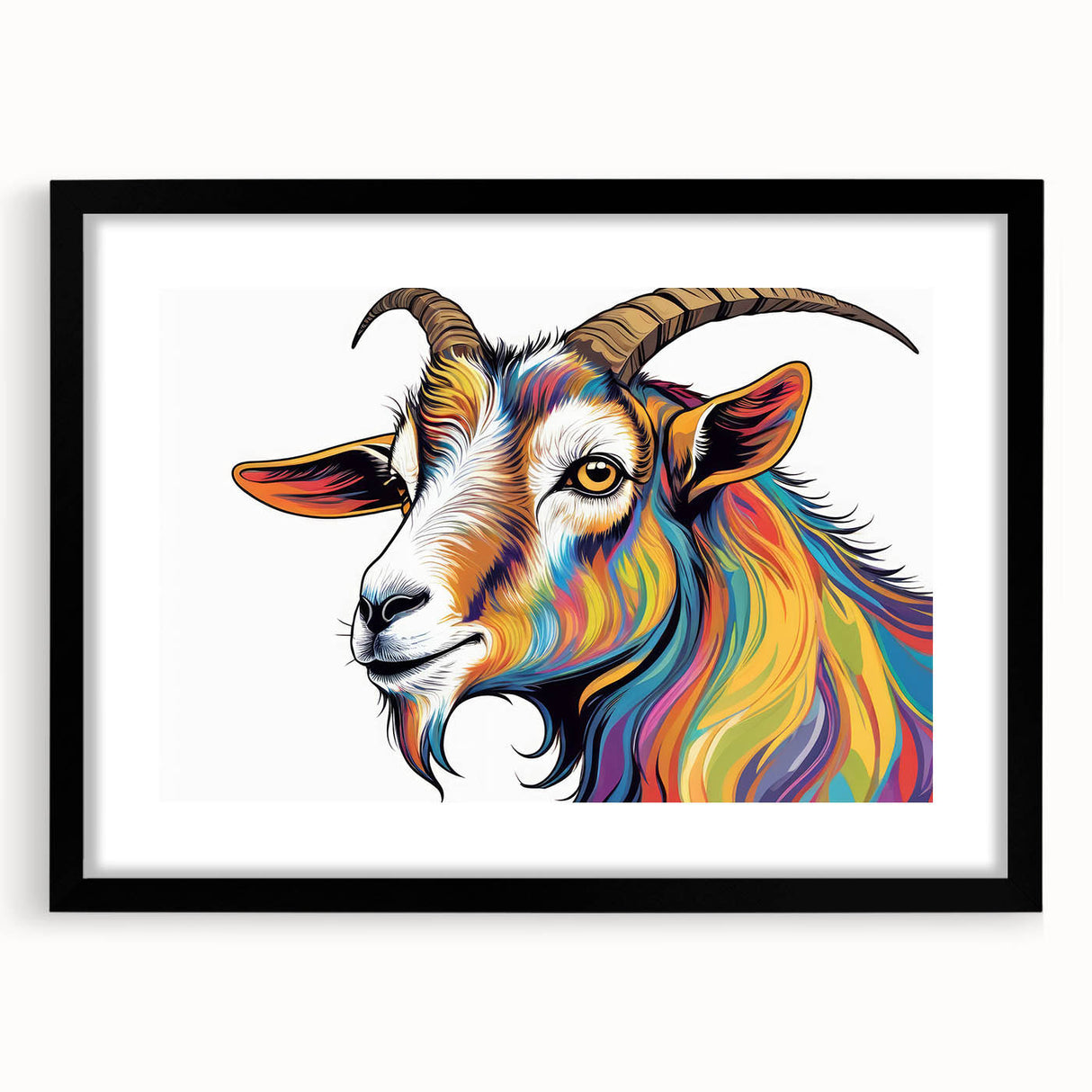 Black-framed wall art showcasing a goat design from the "Animals A Wild Life" collection, featuring a mat finish, perfect for adding nature-inspired decor to your home.