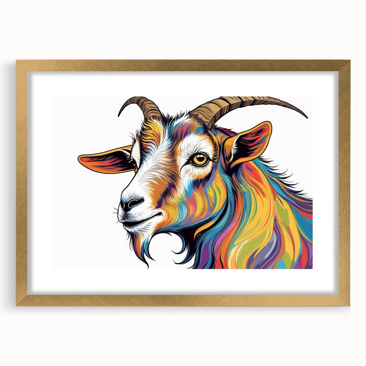 Decorative wall art featuring a gold-framed goat design with a mat, showcasing vibrant colors and intricate details, perfect for animal lovers and home decor enthusiasts.