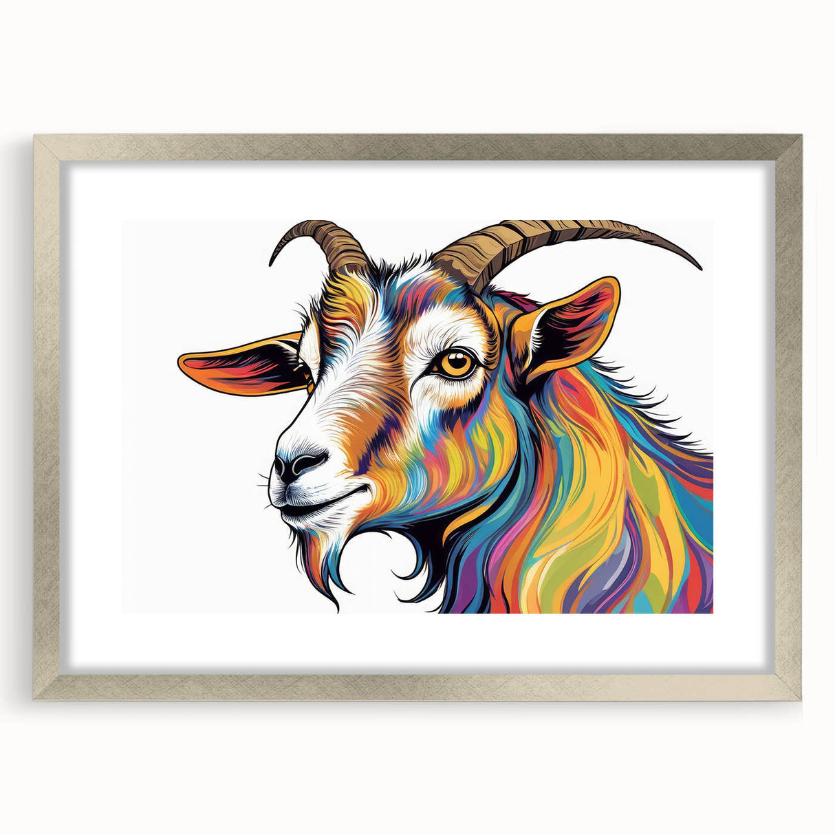 Framed wall art collection showcasing a wild goat design, featuring a sleek silver frame and matting, perfect for enhancing home decor and wildlife enthusiasts' spaces.