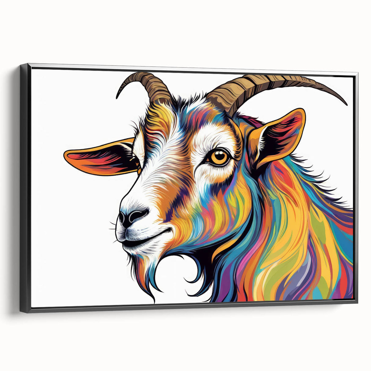 Framed wall art featuring a striking goat design in a wild life theme, showcasing intricate details and a sleek black frame, perfect for animal lovers' decor.