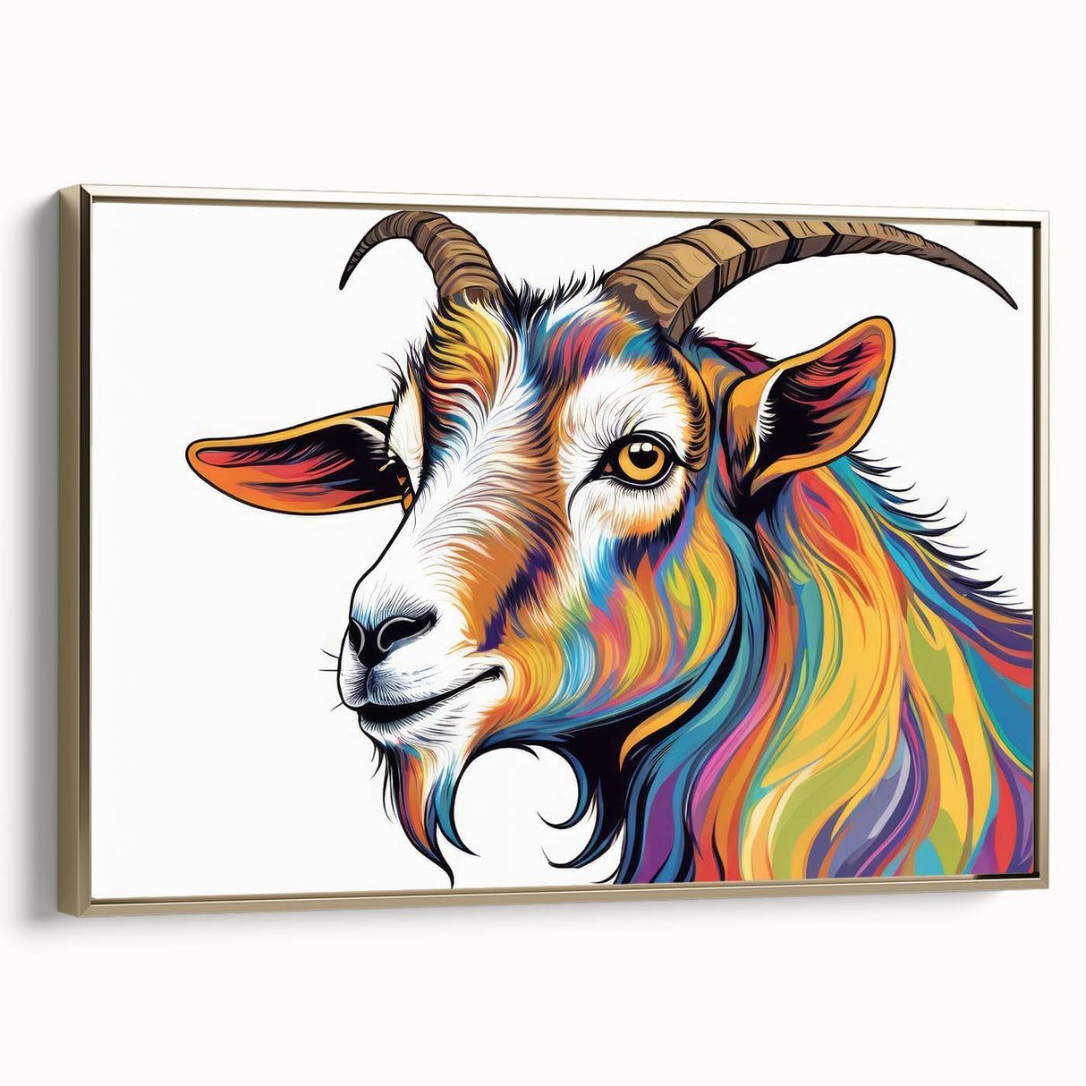 Framed wall art featuring a striking gold goat design set against a vibrant background, showcasing intricate details and textures ideal for home decor enthusiasts.