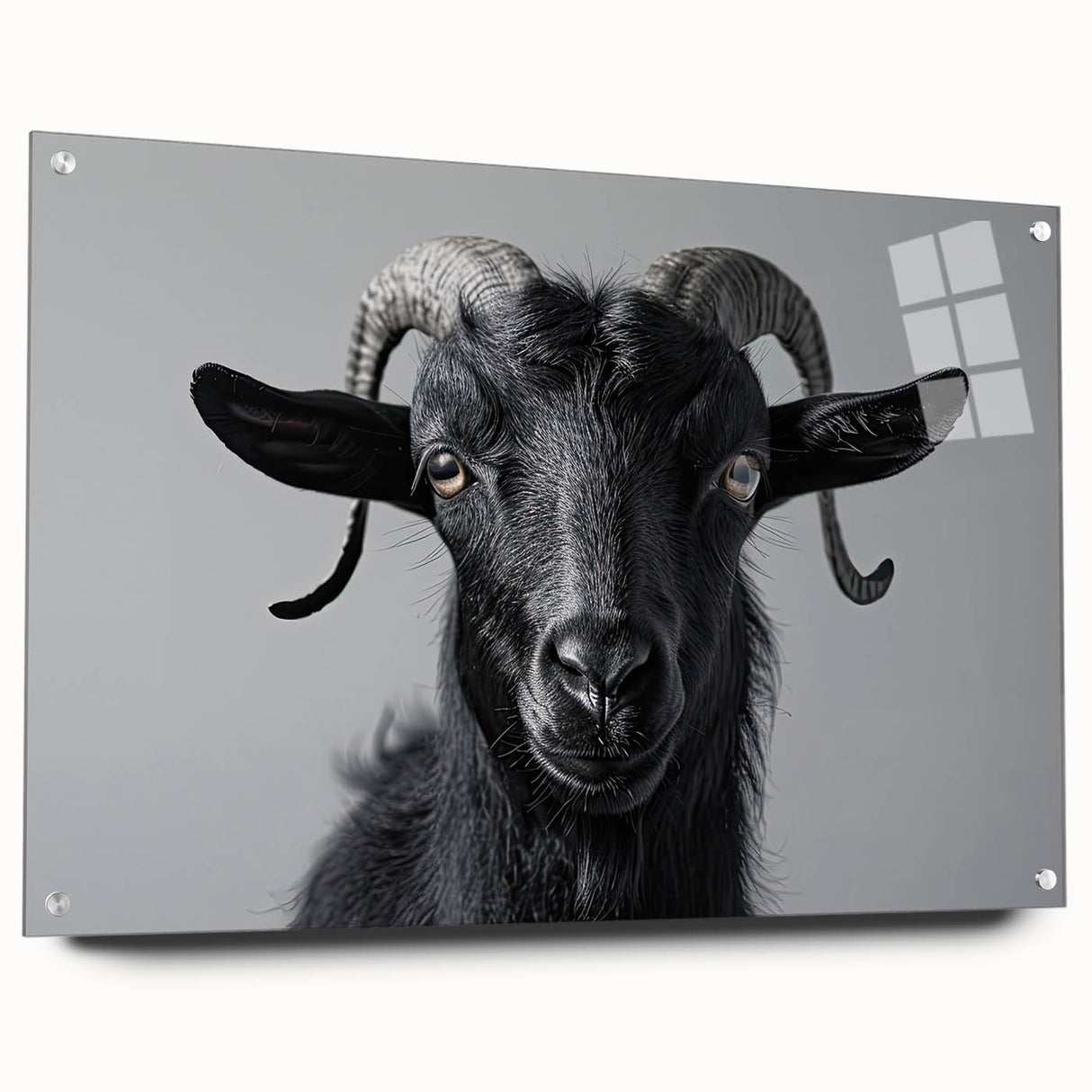 Acrylic glass wall art showcasing a vibrant goat design from the "Animals - A Wild Life" collection, featuring a sleek side view with decorative pins. Perfect for animal lovers and modern decor, it adds a unique touch to any space.