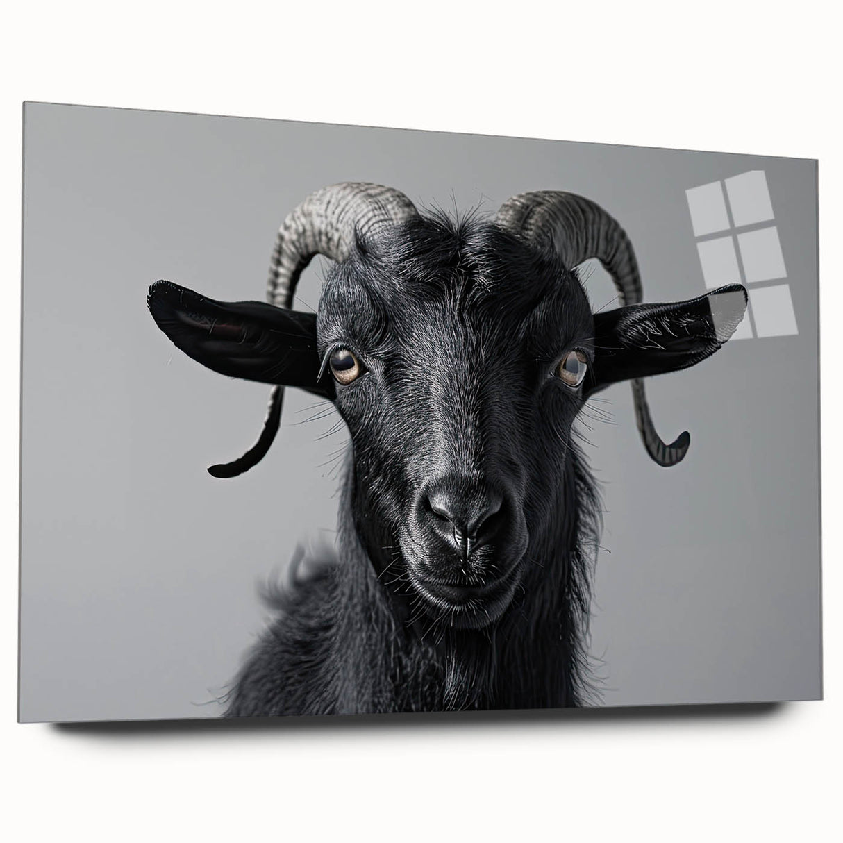Acrylic wall art featuring a stylized goat design, displayed from the side, showcasing vibrant colors and intricate details, perfect for animal lovers' decor.