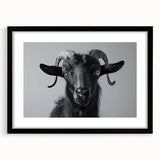 Black-framed wall art featuring a goat design from the "Animals a Wild Life" collection, elegantly matted to enhance its vibrant colors, perfect for animal lovers.