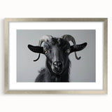 Framed wall art featuring a striking goat design from the 'Animals: A Wild Life' collection, showcasing intricate details and a silver mat, perfect for home decor.