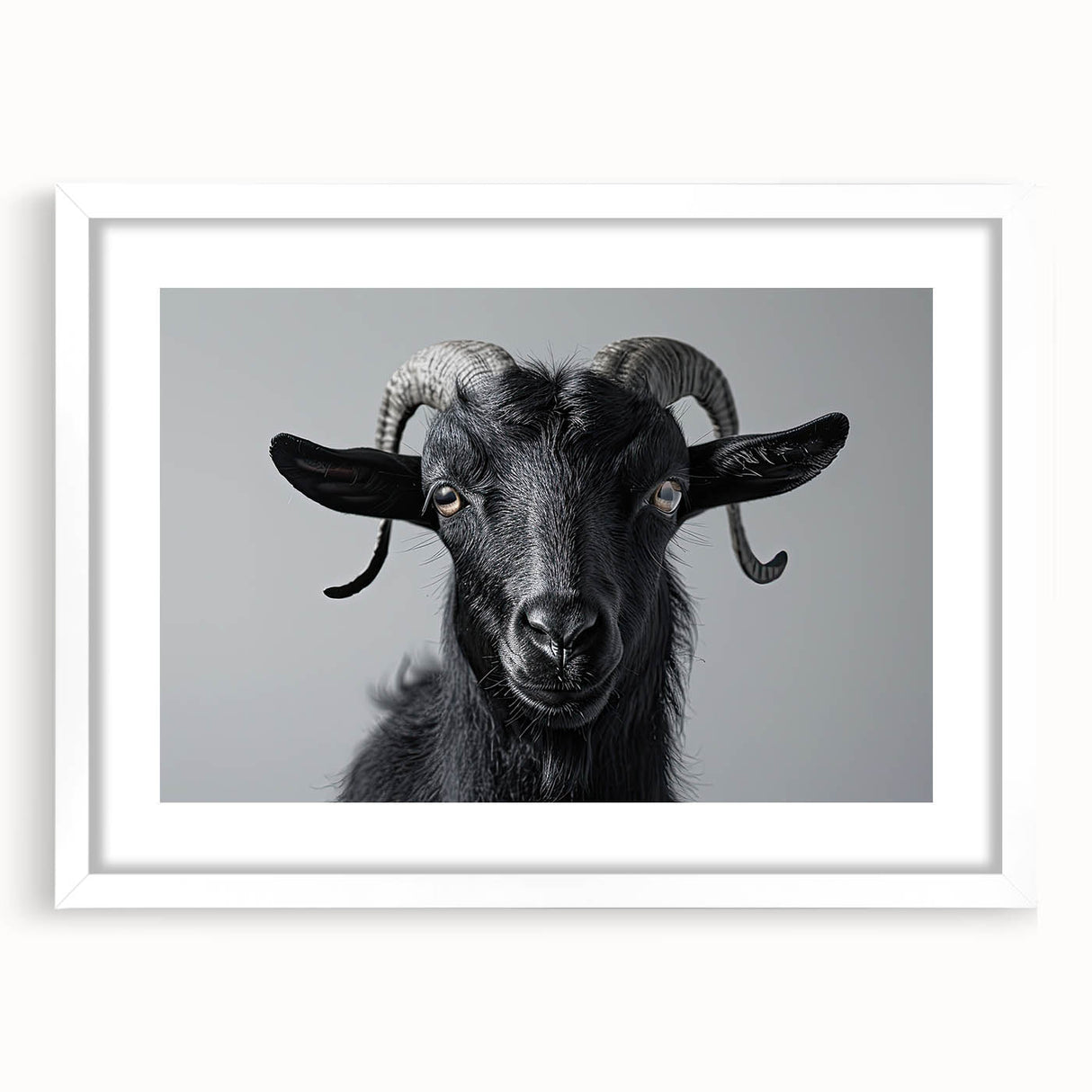 Framed wall art featuring a whimsical goat design from the "A Wild Life" collection, presented in a white frame with a mat, ideal for animal lovers' home decor.