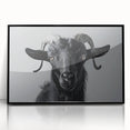 Framed wall art featuring a striking black goat design from the "Animals: A Wild Life" collection, set in a sleek black frame, perfect for modern decor.