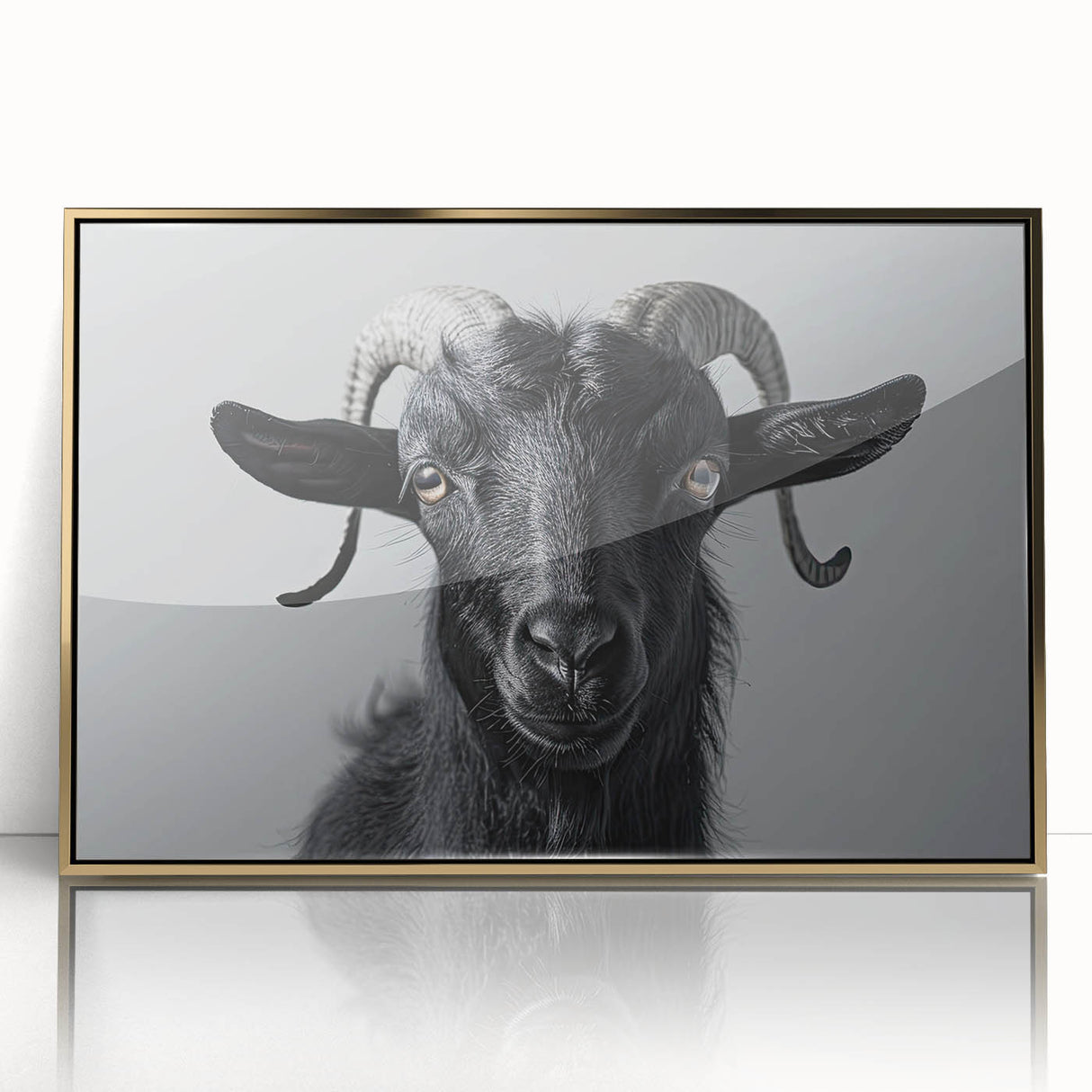 Framed wall art featuring a stylish goat design, crafted with an acrylic front and gold accents, perfect for enhancing modern home decor. This unique piece showcases a vibrant animal illustration, ideal for animal lovers and art enthusiasts alike.