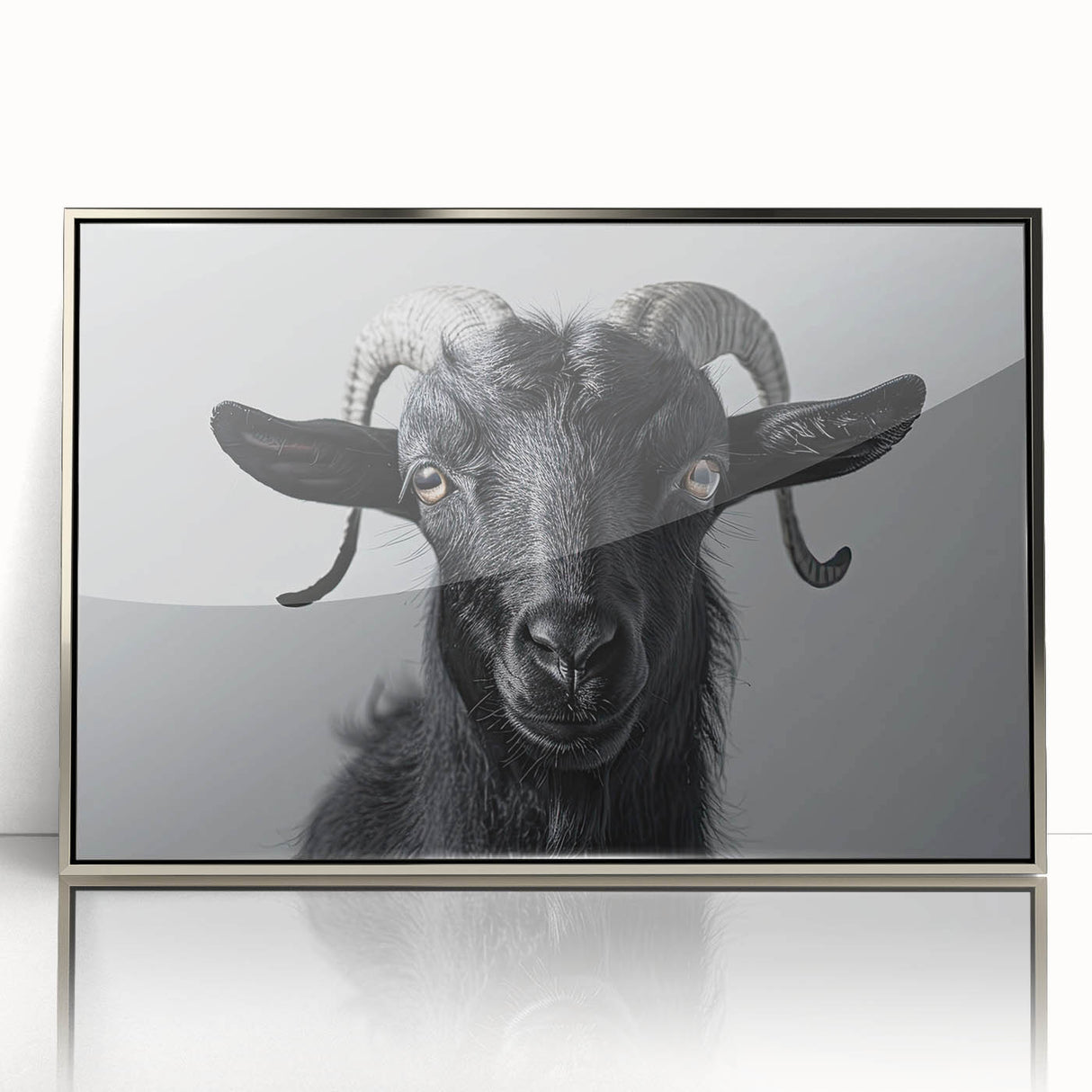Framed wall art featuring a striking goat design in a wild-life theme, showcased in an elegant silver frame, perfect for nature lovers’ decor.
