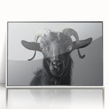 Framed acrylic wall art featuring a vibrant goat design from the 'Animals: A Wild Life' collection, showcasing intricate details against a white background. Ideal for enhancing modern home decor.