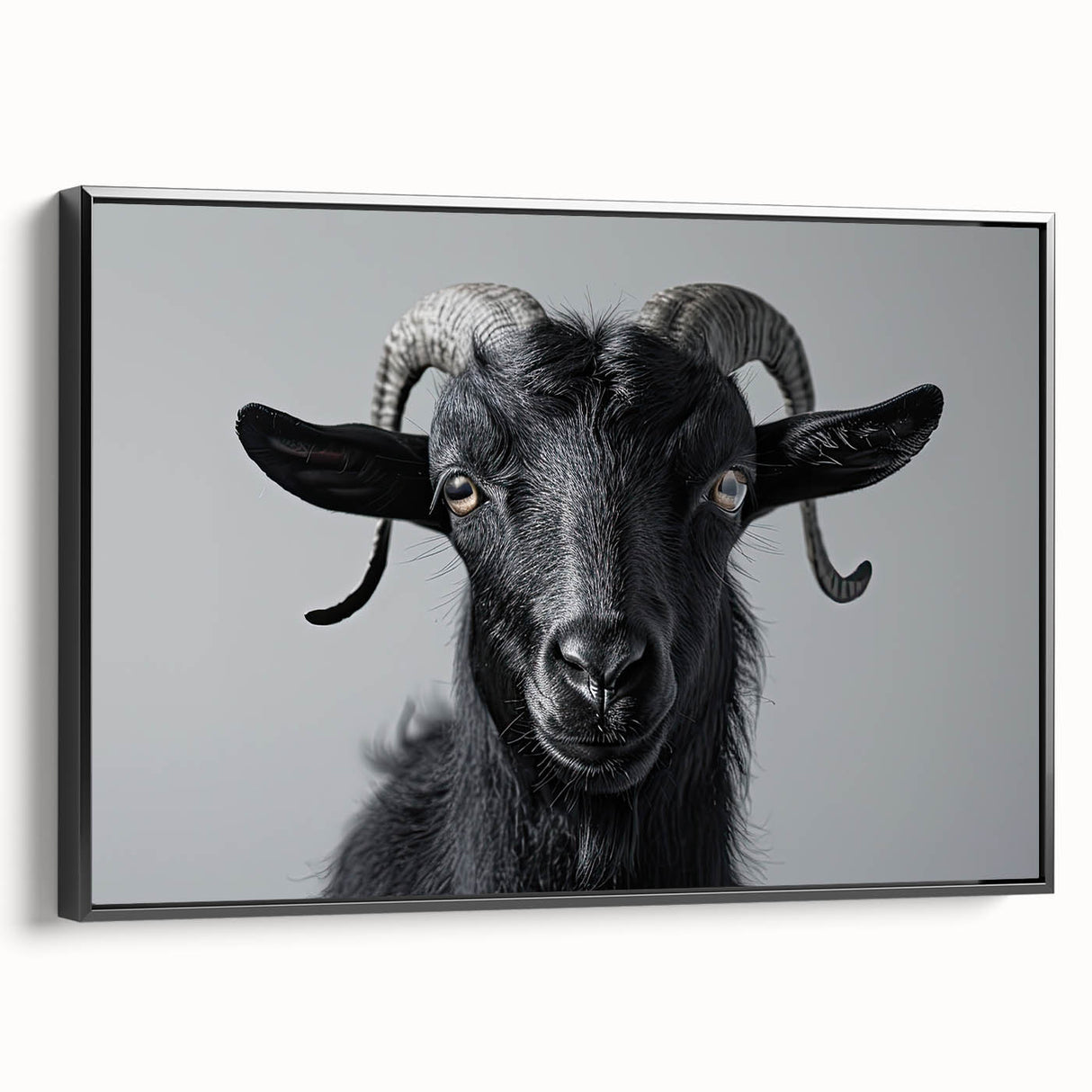 Framed wall art featuring a black goat design in a wild landscape, showcasing intricate details and vibrant colors on a canvas, perfect for animal lovers.