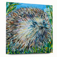 Acrylic wall art featuring a detailed hedgehog design, showcasing intricate textures and vibrant colors, presented with pins for easy display in modern decor.