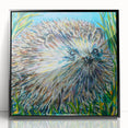 Framed wall art featuring a detailed hedgehog design in a black acrylic frame, showcasing vibrant colors and intricate patterns, ideal for animal lovers and home decor.