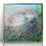 Framed acrylic wall art featuring a detailed design of a hedgehog, showcasing intricate textures and a silver frame, perfect for animal lovers and home decor enthusiasts.