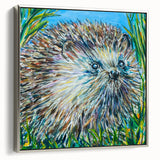 Framed wall art featuring a silver hedgehog design in a side view, showcasing intricate details and textures, perfect for animal lovers and modern decor.