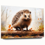 Hedgehog-themed wall art design on acrylic glass, showcasing a side view of a detailed, colorful hedgehog illustration, perfect for animal lovers and home decor.