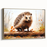 Framed canvas wall art featuring a side view of a hedgehog design with a gold border, perfect for animal lovers and home decor enthusiasts.