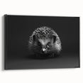 Framed canvas wall art showcasing a side view of a hedgehog design, featuring intricate details and a black background, perfect for nature lovers.