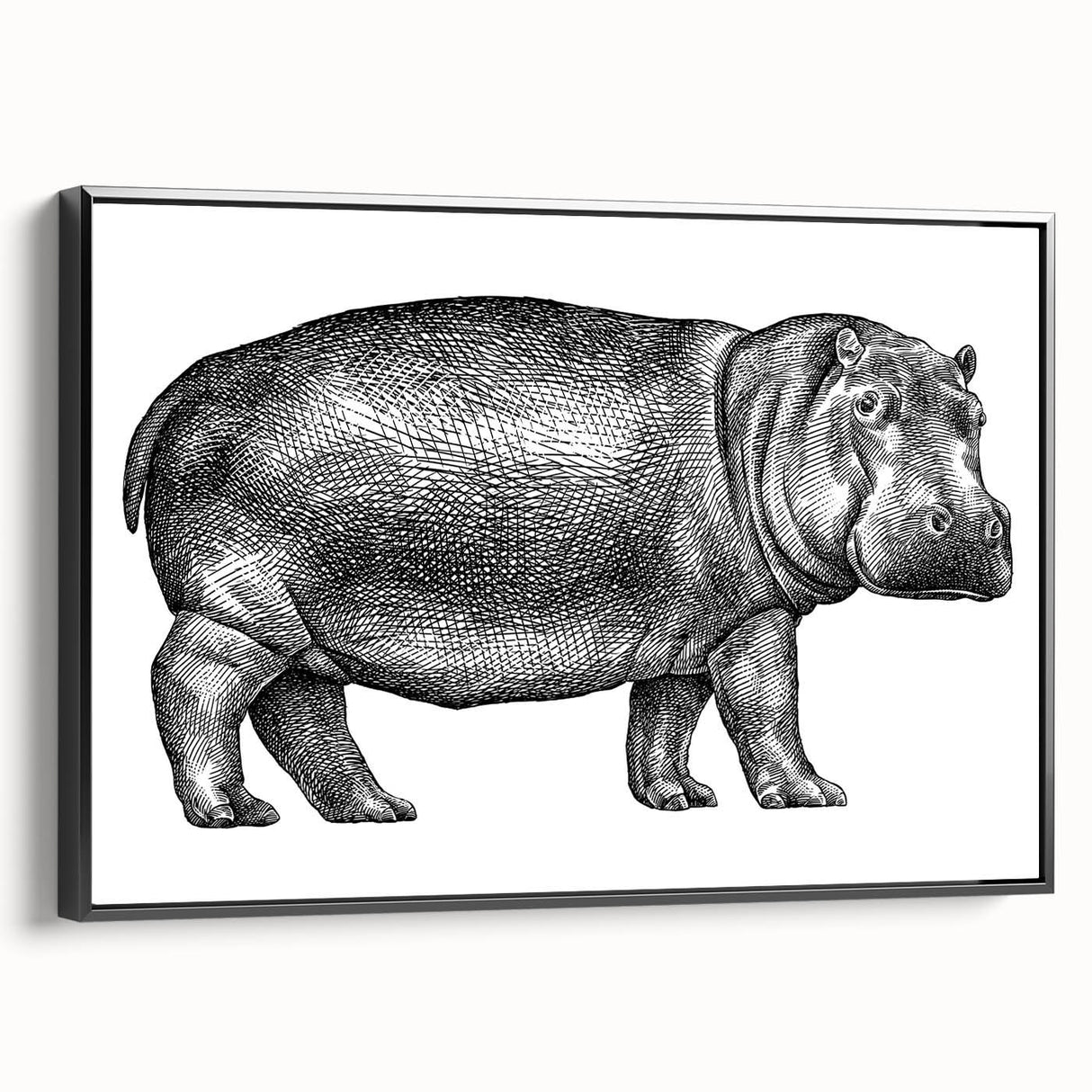 Framed canvas wall art showcasing a side view of a hippopotamus in a wild setting, featuring vibrant colors and intricate details, perfect for animal lovers' decor.