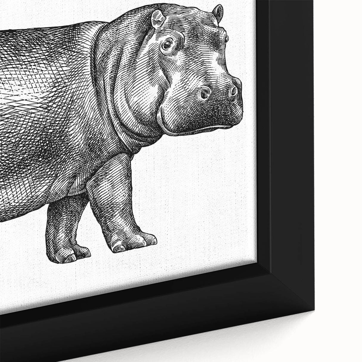 Close-up of a vibrant framed canvas wall art featuring a detailed hippopotamus design, showcasing intricate textures and colors, perfect for wildlife enthusiasts and home decor.