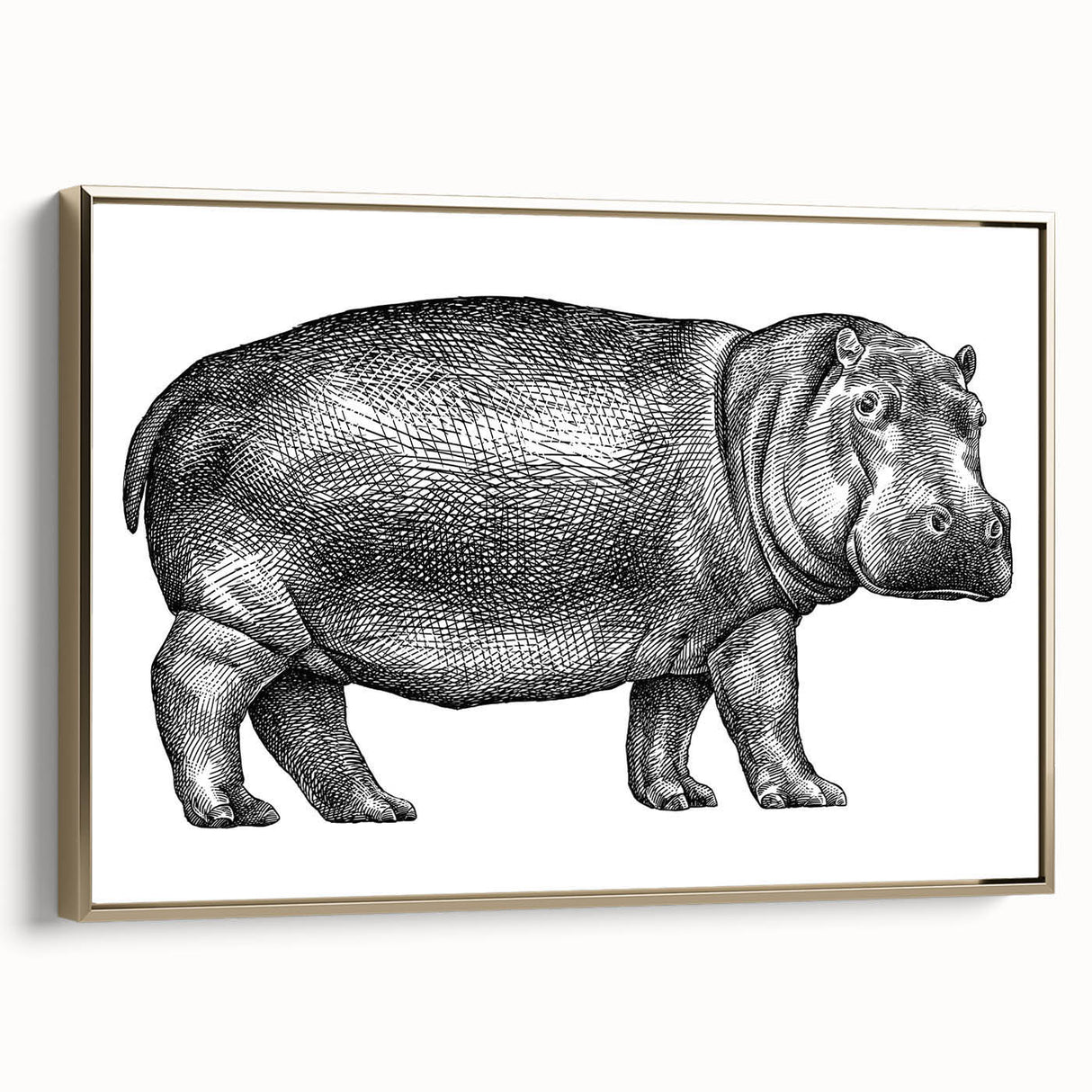 Framed wall art featuring a stylish side view of a hippopotamus design with gold accents on a textured canvas, perfect for adding a touch of wildlife elegance to home decor.